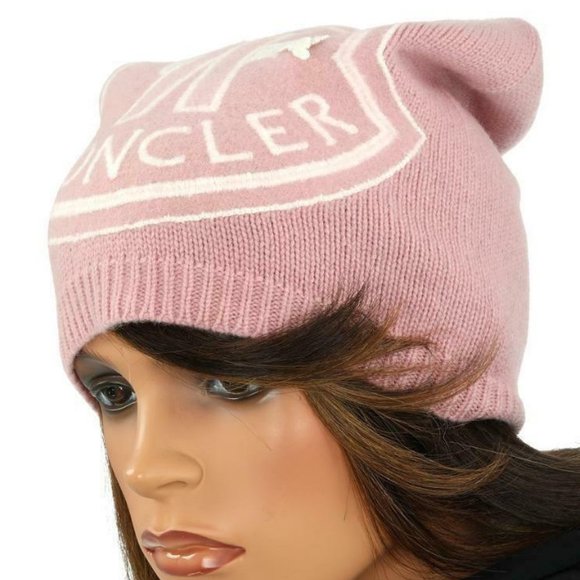 🔥NEW MONCLER MAUVE PINK LUXURY WOOL CASHMERE LOGO BEANIE HAT OS AUTHENTIC🔥 - Picture 2 of 7